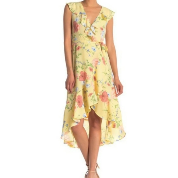Donna Morgan Yellow Floral Wrap Dress Size 6 - Picture 11 of 11